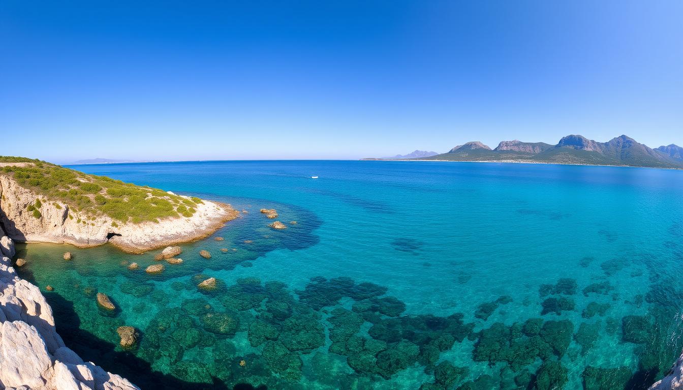 Panoramablick auf die dalmatinische Küste mit kristallklarem Wasser und Bergen im Hintergrund - Urlaub in Dalmatinien