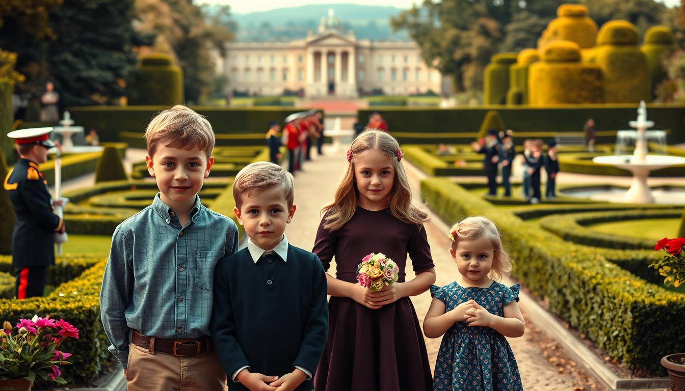 A family portrait of the royal children in a formal garden setting. In the foreground, Prince George, Princess Charlotte, and Prince Louis stand together, their faces conveying a sense of responsibility and duty. The middle ground features the children engaged in various ceremonial tasks, such as inspecting a guard of honor or accepting flowers from well-wishers. The background showcases the grandeur of the royal residence, with its manicured hedges, ornate fountains, and a distant view of the palace. The lighting is soft and warm, creating a sense of timeless elegance. The overall atmosphere conveys the children's growing roles in the royal family, their seriousness and poise belying their young ages.