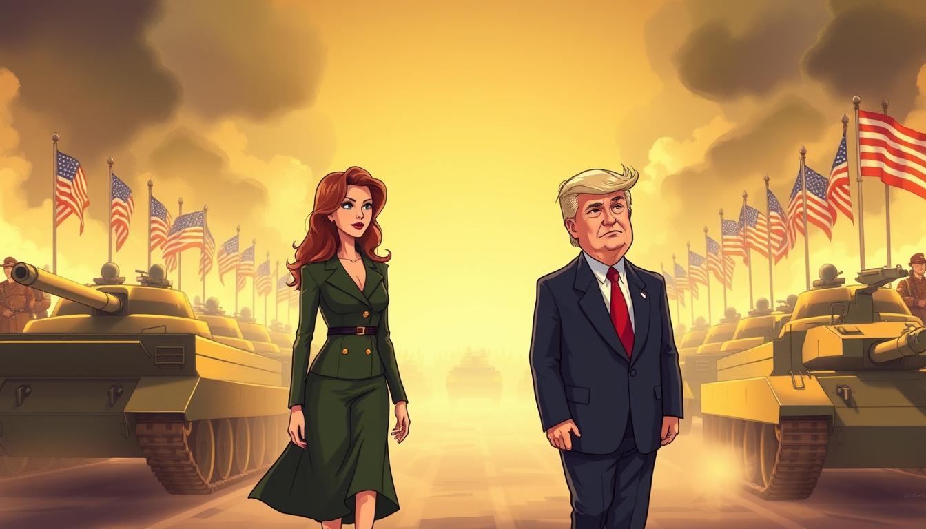 A majestic military parade unfolds, with the Trump family at the center. Melania stands tall, dressed in a striking military-inspired ensemble, her gaze unwavering as she reviews the troops. Donald Trump, flanked by his sons Eric and Donald Jr., strides confidently, his tailored uniform a symbol of power and authority. In the background, tanks and armored vehicles roll by, creating a sense of strength and might. The parade is bathed in warm, golden light, casting a glow of pride and patriotism over the scene. The overall atmosphere is one of grandeur, showcasing the Trump family's perceived role in commanding the nation's military might.