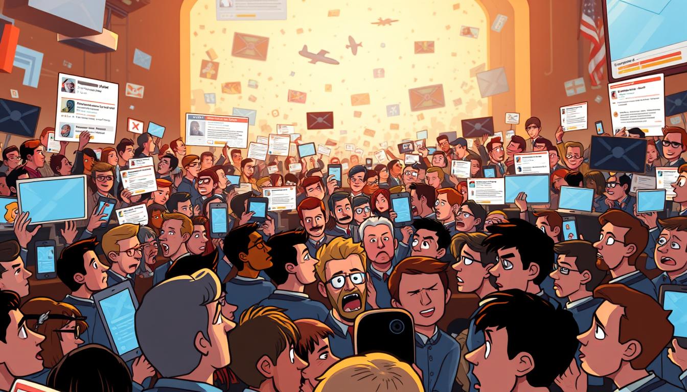A bustling social media landscape, filled with a cacophony of reactions to a high-profile legal trial. In the foreground, a sea of diverse digital avatars, expressions ranging from outrage to sympathy, engaged in a virtual debate. The middle ground reveals fragmented news headlines and social media posts, creating a sense of immediacy and public discourse. The background is a hazy, technology-infused environment, conveying the pervasive influence of digital platforms on modern society. Warm lighting and a cinematic depth-of-field draw the viewer's attention to the emotional intensity of the online reactions, capturing the pulse of public sentiment surrounding the unfolding legal proceedings.