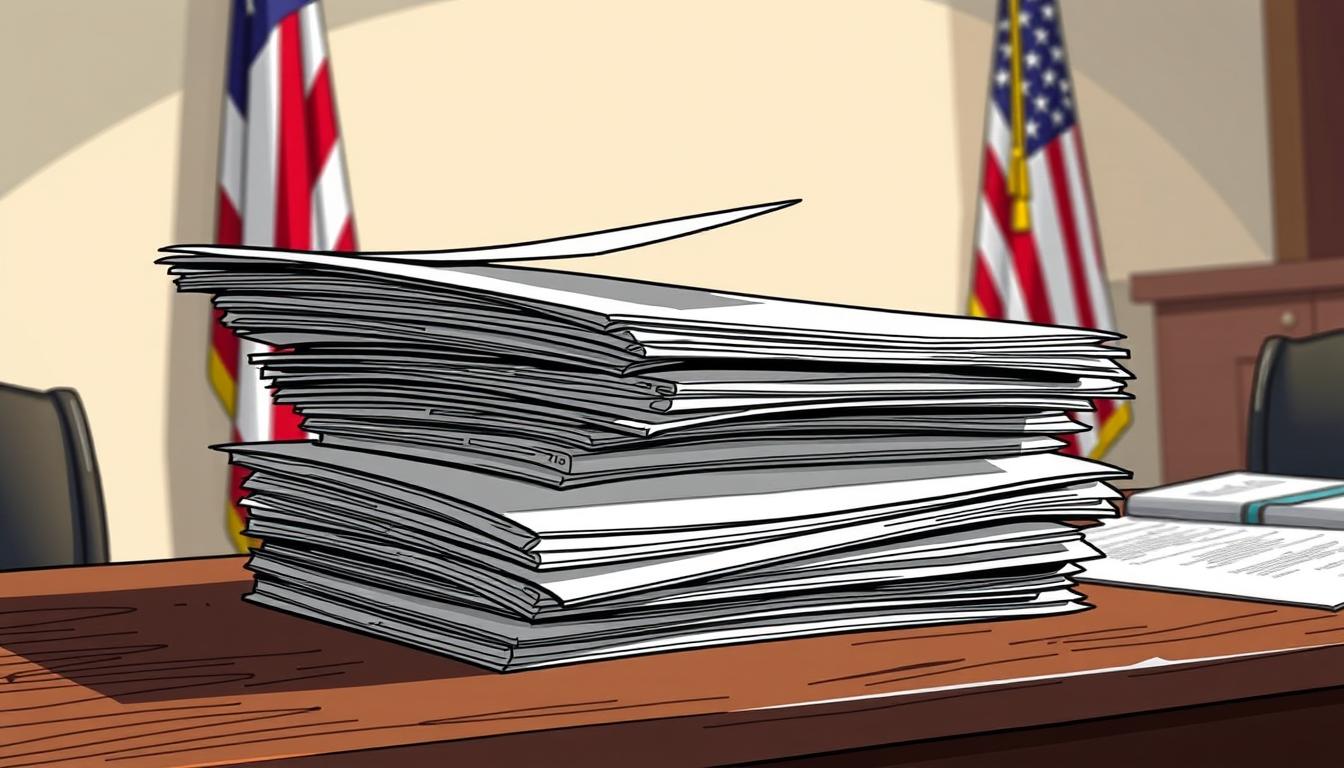 A stack of official-looking documents resting on a wooden desk, casting subtle shadows under bright, directional lighting. The papers appear crisp and neatly organized, conveying a sense of authority and bureaucracy. In the background, an American flag hangs solemnly, hinting at the weighty national policies these documents represent. The overall scene suggests the formal, administrative nature of federal immigration enforcement, setting the stage for understanding the laws and procedures behind the raid described in the article.