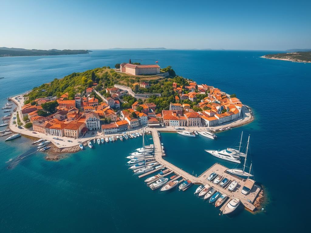 Luftaufnahme der Insel Hvar mit dem malerischen Hafen und der Altstadt - beliebtes Ziel für Urlaub in Dalmatinien