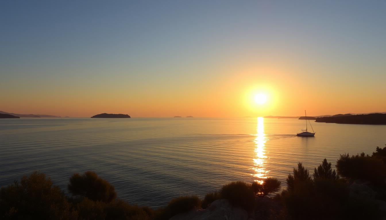 Sonnenuntergang über der dalmatinischen Küste mit Blick auf das Meer und die Inseln - perfektes Bild für einen Urlaub in Dalmatinien