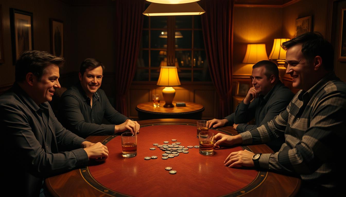 A cozy, dimly lit room with a mahogany poker table at the center. Matt Damon and his close friends, dressed in casual yet stylish attire, are engaged in a lively game, their faces illuminated by the soft glow of table lamps. Glasses of amber liquor and a scatter of chips add to the intimate, private atmosphere. The camera angle is slightly elevated, capturing the camaraderie and relaxed camaraderie among the group. Warm, sepia-toned lighting creates a sense of timelessness, as if this moment could be from any era. The overall mood is one of friendship, leisure, and the pleasures of a well-spent evening.