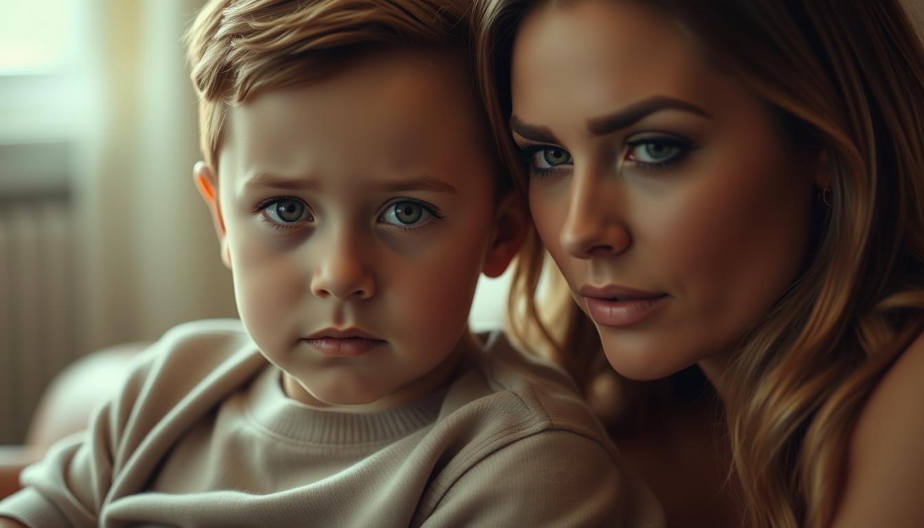 A child of Elon Musk, Romulus, sits with Ashley St. Clair in a softly lit, intimate setting. Romulus, a young boy with striking features, gazes intently at the camera, exuding a pensive yet curious expression. Ashley, a woman of elegant poise, leans in close, her gaze tender and protective. The lighting is warm and diffused, creating a sense of intimacy and emotional connection between the two figures. The background is blurred, allowing the viewer to focus on the central subjects. The overall mood is one of quiet contemplation and familial affection.