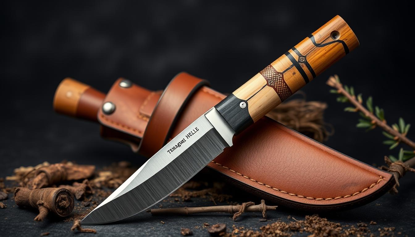 Helle Temagami Jagdmesser mit Birkenholzgriff und Lederscheide
