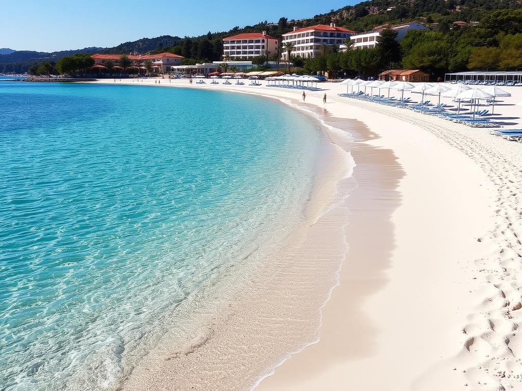Sani Beach auf Kassandra, Chalkidiki, mit feinem weißen Sand