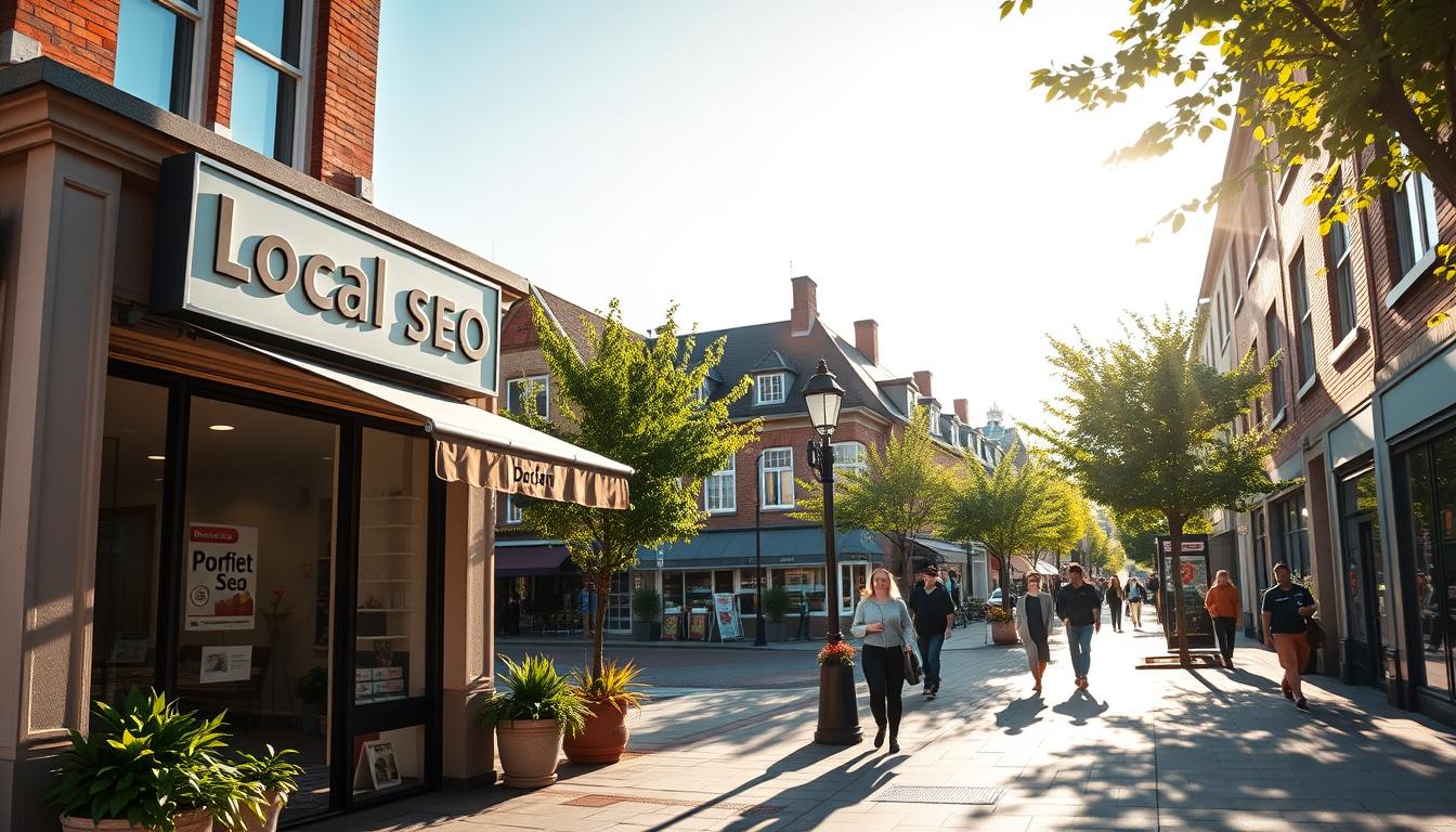 A serene local business district, bathed in warm afternoon sunlight. In the foreground, a small storefront with a welcoming facade, its signage showcasing &quot;Local SEO Optimierung&quot; in a clean, modern typeface. Lush potted plants and a stylish awning add a touch of curb appeal. The middle ground reveals bustling sidewalks, with passersby strolling by on their daily errands. In the background, a row of quaint brick buildings, their windows gleaming, create a charming, neighborhood ambiance. The composition is captured with a wide-angle lens, emphasizing the sense of place and community. This image conveys the idea of a local business thriving through effective search engine optimization, becoming a visible and integral part of the surrounding area.
