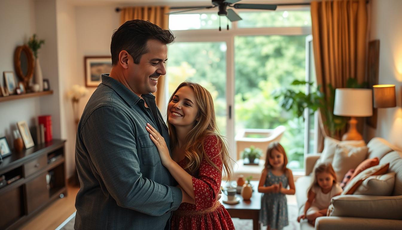 A cozy family home, bathed in warm, soft lighting. In the foreground, Matt Damon and his wife Luciana Damon share a tender embrace, their expressions radiating love and contentment. Their three daughters, Alexia, Isabella, and Gia, play nearby, their laughter and joy filling the air. The middle ground showcases a tastefully decorated living room, with plush furniture and personal mementos hinting at the family's close-knit bond. In the background, a picturesque window overlooks a lush, verdant garden, adding to the serene, idyllic atmosphere. The overall scene conveys a sense of domestic bliss, capturing the essence of the Damon family's cherished life together.
