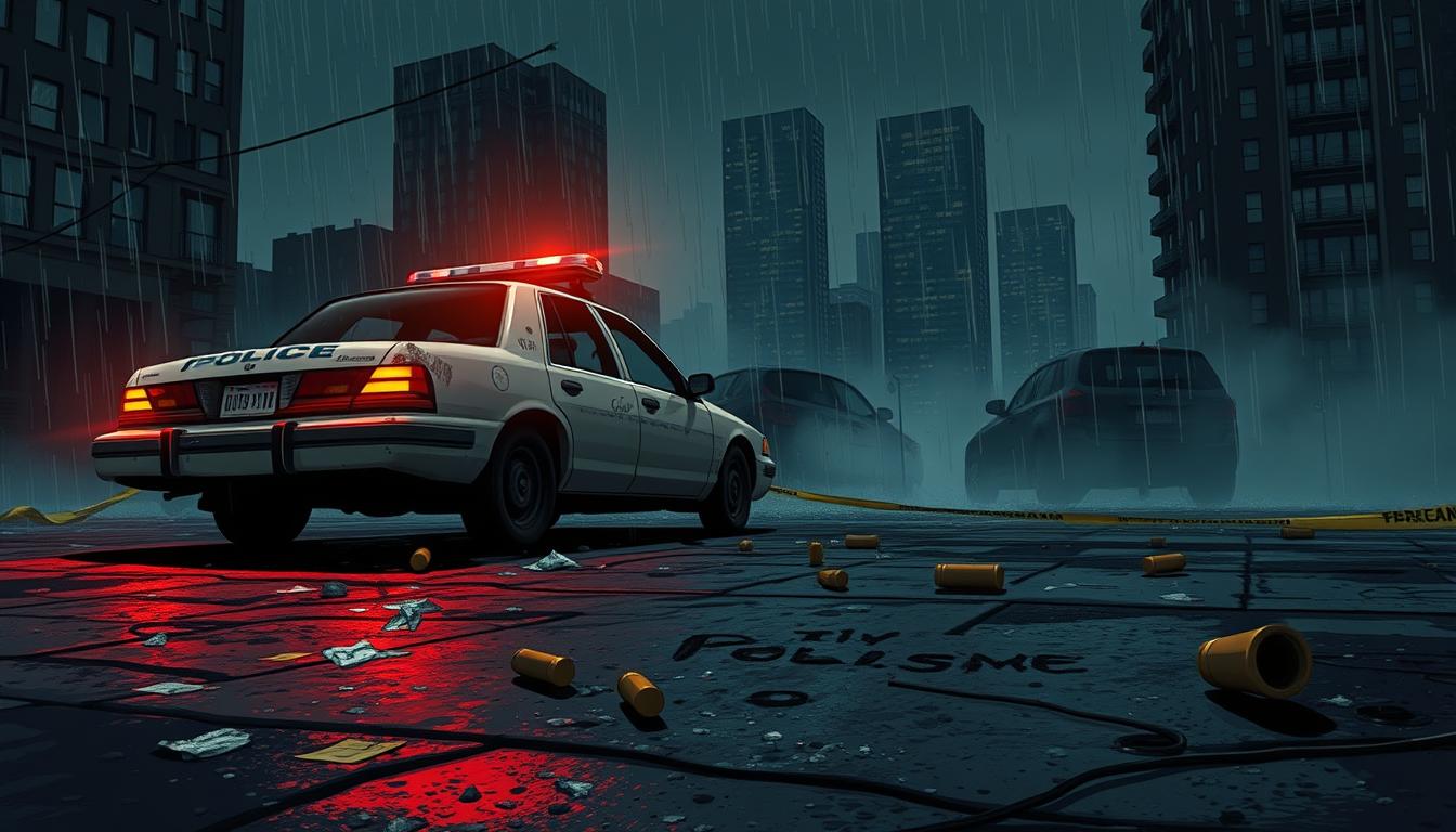 A crime scene investigation tableau, meticulously arranged against a dimly lit, rain-drenched urban backdrop. In the foreground, a battered police cruiser, its lights flashing, casting an eerie glow over scattered evidence - shattered glass, discarded casings, and a cryptic message scrawled on the pavement. The middle ground is shrouded in a veil of mist, hinting at the unseen forces at play. In the distance, the silhouettes of high-rise buildings loom, their windows reflecting the ominous atmosphere. Dramatic chiaroscuro lighting emphasizes the gravity of the situation, while a sense of foreboding permeates the scene, inviting the viewer to unravel the hidden narrative.