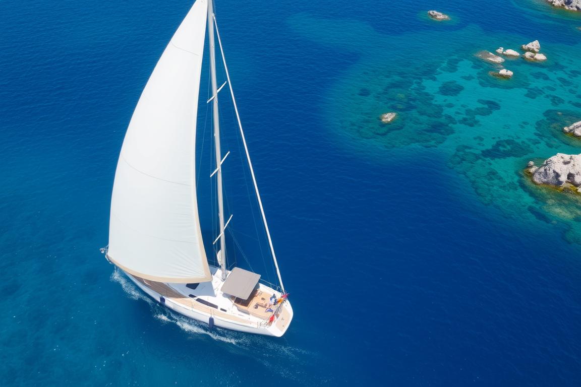 Segelboot vor der Küste Dalmatiens mit kleinen Inseln im Hintergrund - beliebte Aktivität im Urlaub in Dalmatinien