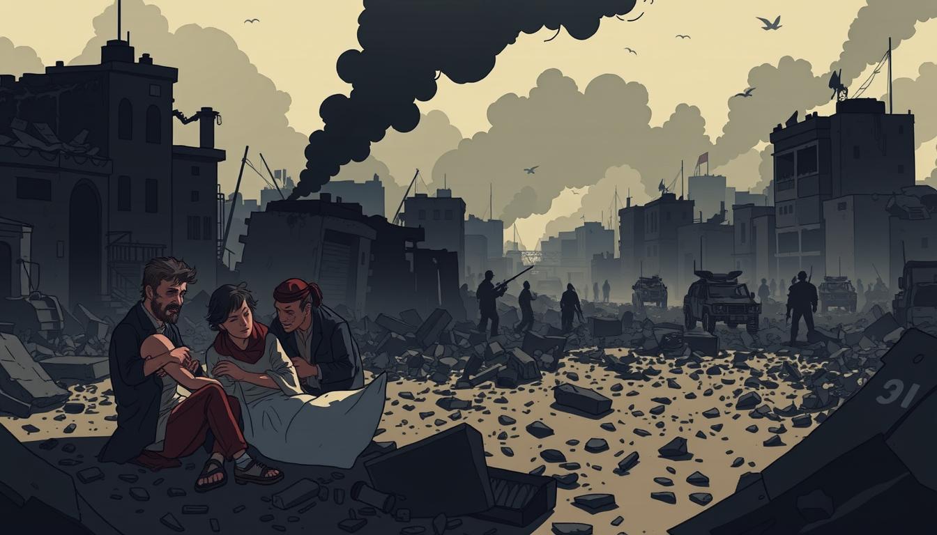 A city in ruins, smoke billowing from destroyed buildings. In the foreground, a group of injured civilians being tended to by medics, their faces etched with pain and fear. Debris and rubble litter the ground, casting long shadows in the dim, somber lighting. In the background, the silhouettes of military vehicles and soldiers amid the devastation, a grim testament to the consequences of the escalating conflict. The scene conveys a sense of tragedy and human suffering, the weight of the destruction palpable in the air.