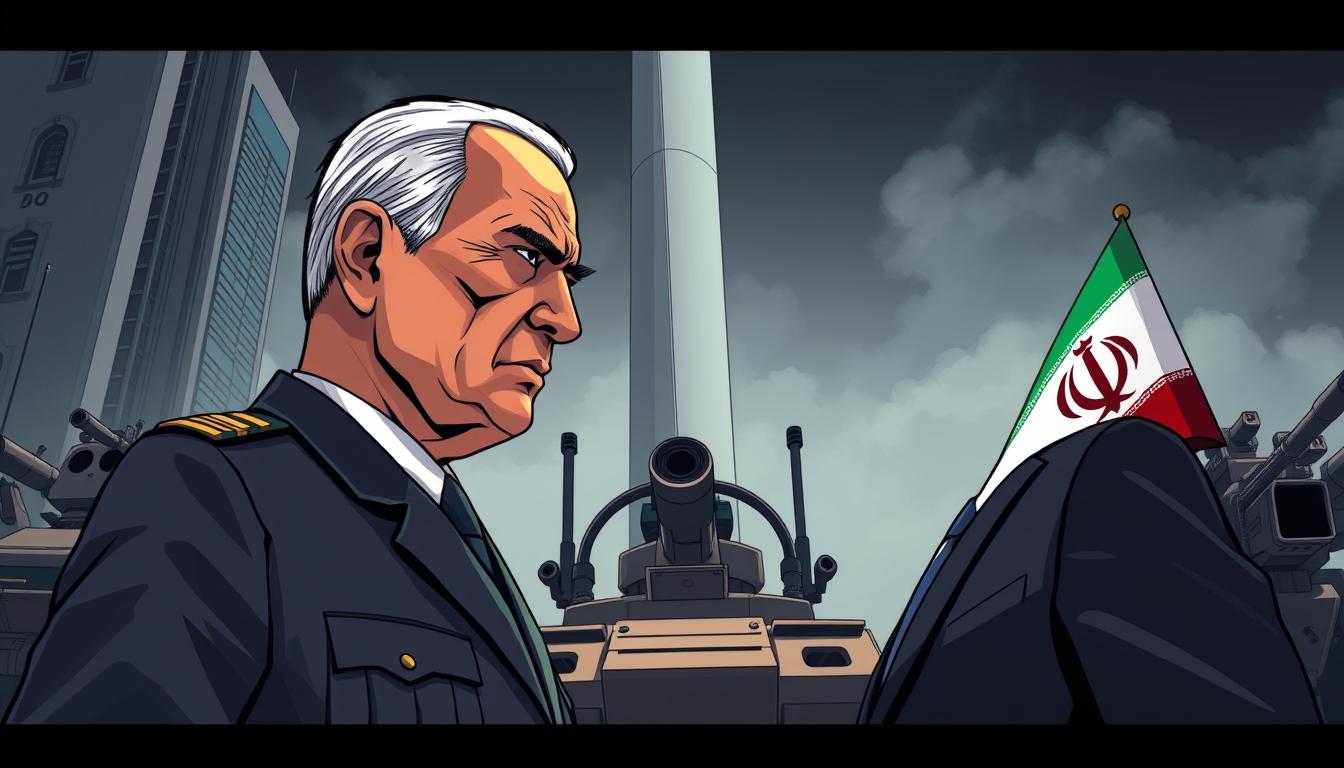A high-contrast, cinematic scene depicting the tense geopolitical conflict between Israel and Iran. In the foreground, two stern-faced political leaders - one in a military uniform, the other in formal attire - stand in a dramatic standoff, their body language conveying the gravity of the situation. Behind them, a backdrop of towering skyscrapers and military hardware hints at the broader tensions. Dramatic lighting casts sharp shadows, creating an ominous atmosphere. The camera angle is slightly low, emphasizing the authoritative presence of the figures. An overall sense of impending crisis and unresolved hostility permeates the scene.