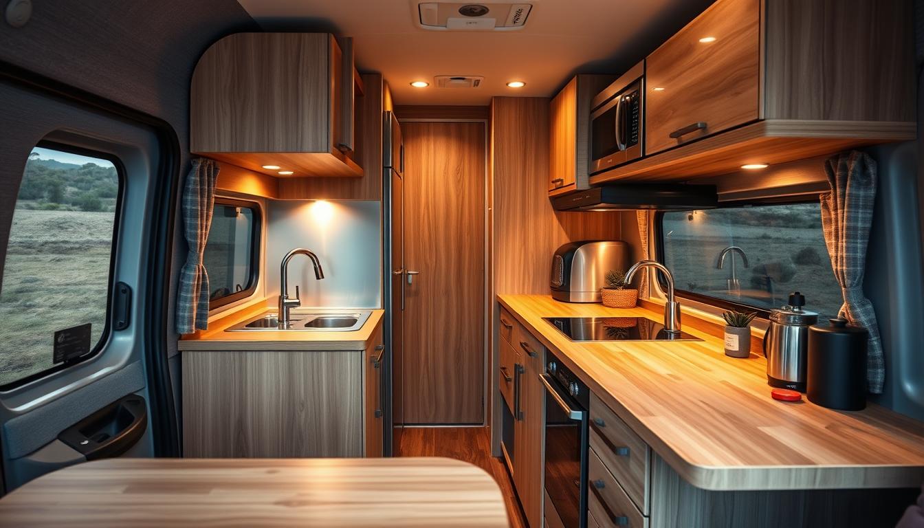 A neatly organized kitchen area in a modern Reisemobil (campervan), with sleek stainless steel appliances, wooden countertops, and ample storage space. Warm, soft lighting illuminates the compact but efficient design, creating a cozy and inviting atmosphere. The scene is captured from a slightly elevated angle, showcasing the well-appointed layout and attention to detail that makes the VW Bulli an ideal companion for adventurous road trips through the Portuguese countryside.
