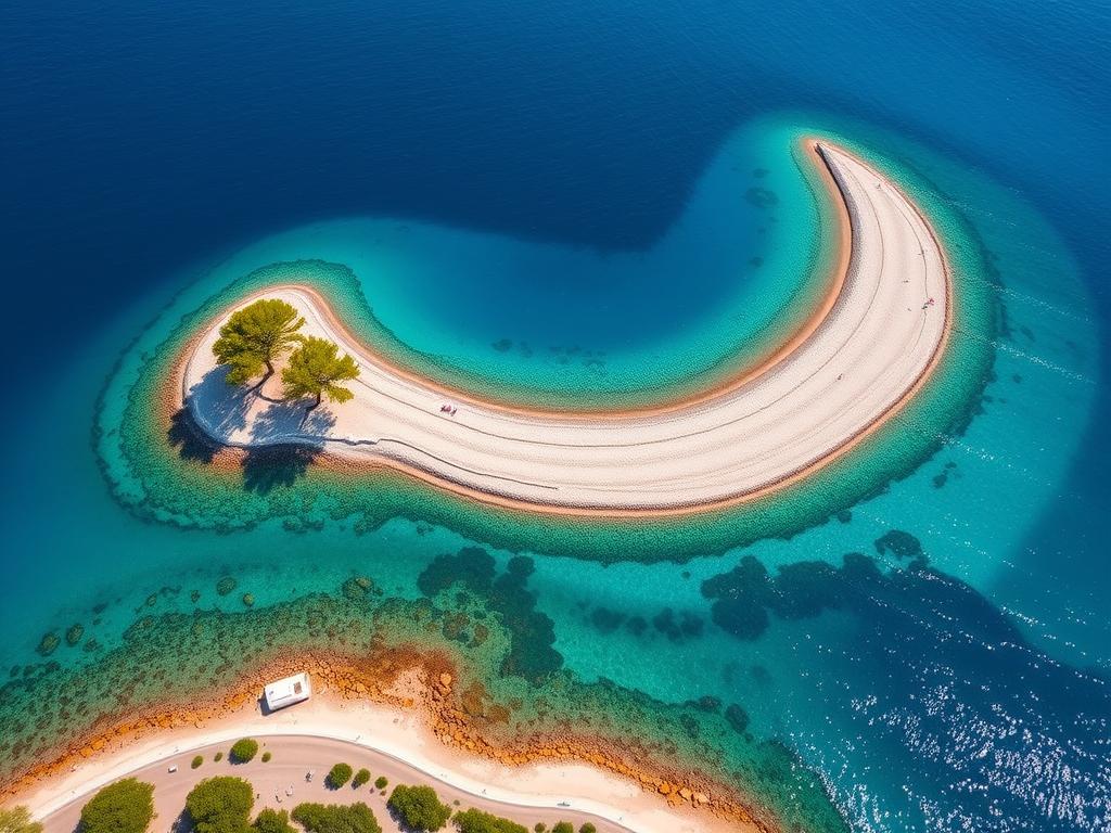 Der berühmte Strand Zlatni Rat auf der Insel Brac - charakteristischer Strand für Urlaub in Dalmatinien