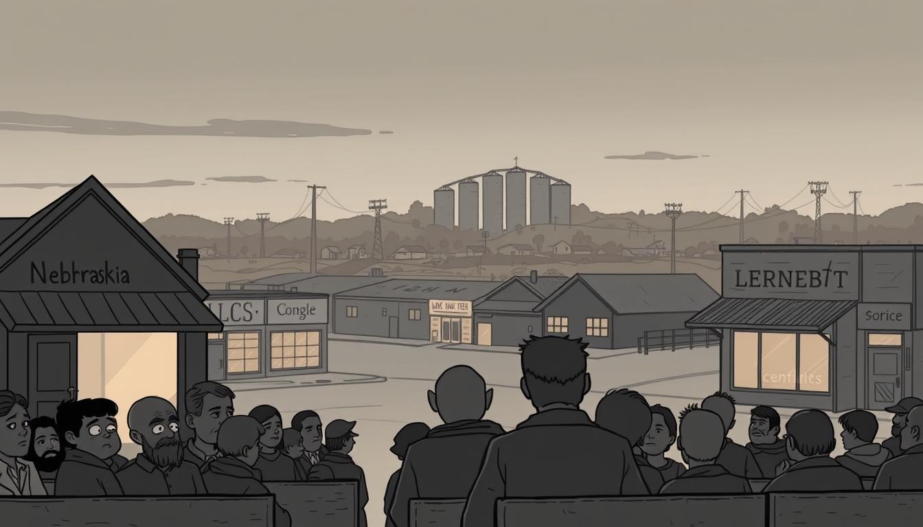 A somber scene of a Nebraskan community grappling with the aftermath of a worksite raid. In the foreground, a group of families gathered in a dimly lit church hall, faces etched with worry and uncertainty. The middle ground captures the empty storefronts and boarded-up windows of local businesses, a visual testament to the economic impact. In the distant background, a skyline of modest homes and towering grain silos, a stark reminder of the vibrant agricultural heritage now disrupted. Muted tones of gray and sepia convey the melancholic atmosphere, while a soft, diffused lighting lends an air of contemplation to the scene. The overall composition evokes a sense of resilience and community solidarity amidst the turbulence.