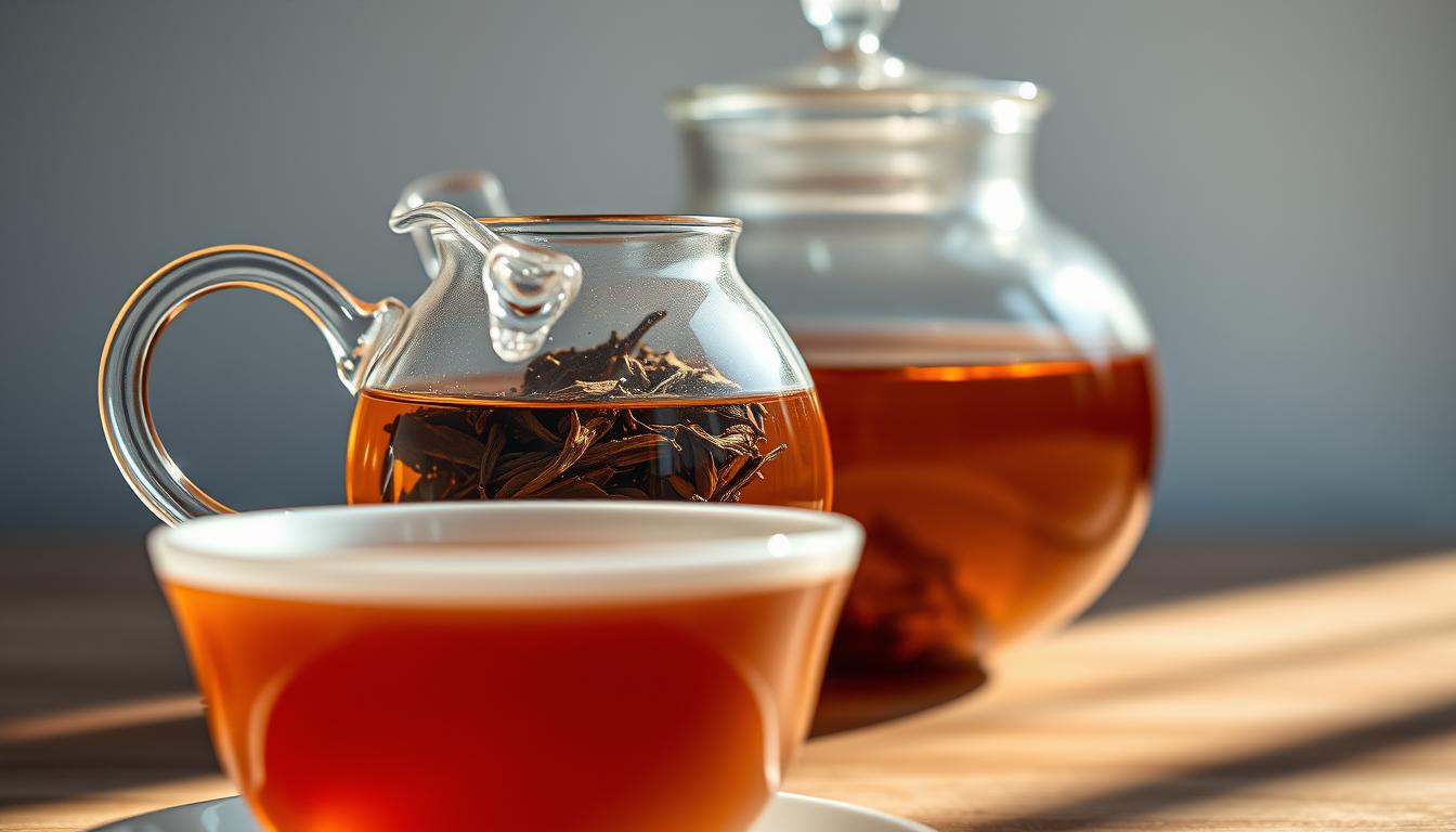 A delicate glass teapot filled with freshly brewed Darjeeling tea, its amber liquid shimmering under soft, warm lighting. Intricately carved Darjeeling tea leaves rest in the infuser, exuding earthy, floral aromas. In the foreground, a porcelain tea cup catches the light, reflecting the tea's translucent hues. The background features a serene, minimalist setting, with a zen-like atmosphere, highlighting the tea's simplicity and elegance. The image conveys the distinct flavor profile of Darjeeling tea, with its delicate balance of astringency, sweetness, and subtle notes of muscatel grapes, captured through the careful brewing techniques.