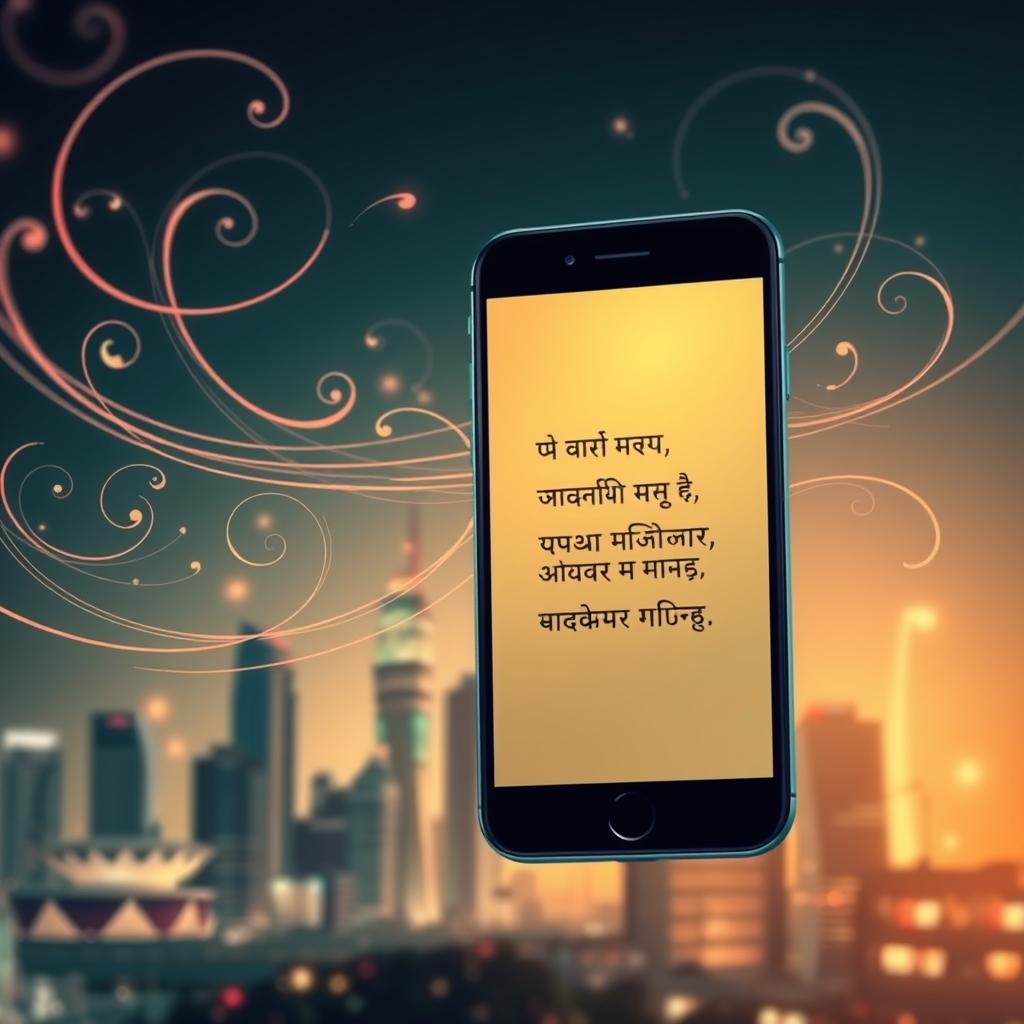A vibrant digital canvas, where the timeless art of शायरी (poetry) merges with the modern era. Swirling lines of calligraphy dance across the screen, weaving a tapestry of emotion. Soft, diffused lighting illuminates a smartphone screen, its display reflecting the poetic words "Trendingshayari.in". In the background, a cityscape of towering skyscrapers symbolizes the evolving digital landscape, while a warm color palette evokes a sense of nostalgic warmth amidst the technological progress. The composition strikes a balance between the timeless and the contemporary, capturing the essence of शायरी in the digital age.