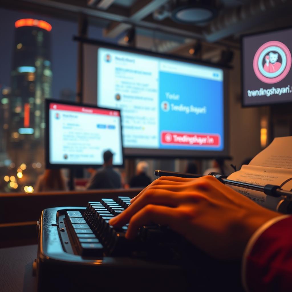 A vibrant, modernistic scene depicting the evolution of poetry in the digital age. In the foreground, a poet's hand gracefully pens verses on a vintage typewriter, the keys clacking against a backdrop of neon-lit urban skyline. The middle ground showcases a social media feed, filled with shared Shayaris that ignite digital conversations. In the distance, a projection screen displays the Trendingshayari.in brand logo, symbolizing the fusion of traditional and contemporary poetic expression. Soft, diffused lighting casts an atmospheric glow, while a subtle depth of field emphasizes the layered narrative. The overall composition conveys the timeless relevance of Shayari in the modern era.