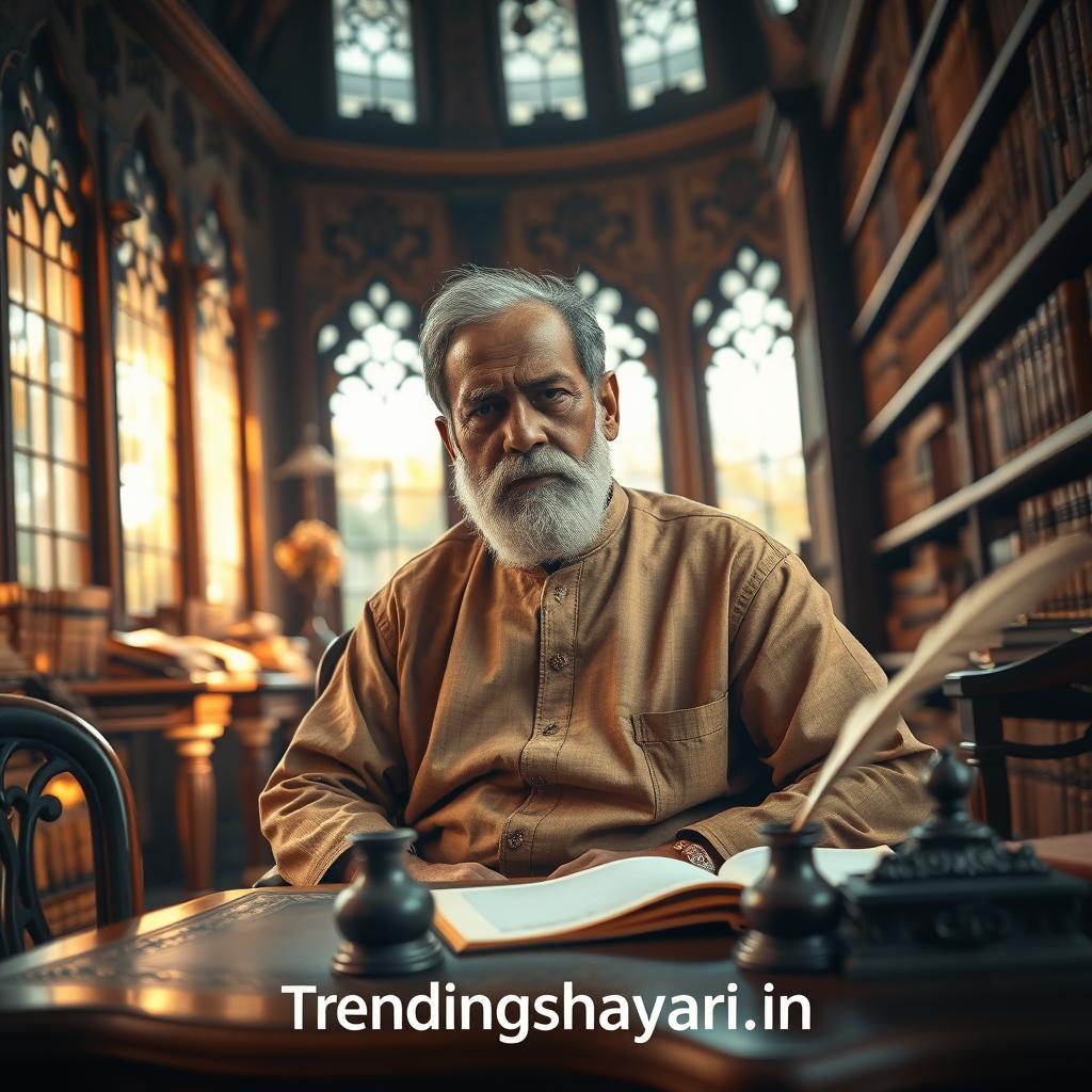 A distinguished Indian poet, sitting ponderously amidst an ornate library, adorned in a traditional kurta. Warm, autumnal lighting filters through tall windows, casting a contemplative glow upon the writer's weathered face. Shelves of ancient manuscripts and leather-bound volumes line the walls, hinting at the wellspring of literary inspiration. In the foreground, an elegant antique desk supports a quill and ink, symbolic of the poet's craft. A sense of reverence and timelessness pervades the scene, as if capturing a moment of profound reflection. The brand "Trendingshayari.in" is subtly incorporated into the image.