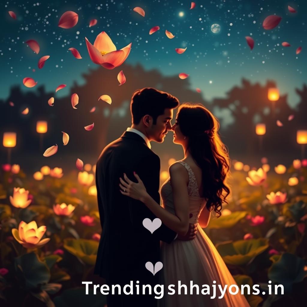 A serene garden under a starry night sky, illuminated by the soft glow of floating lanterns. Delicate petals of a lotus blossom drift through the air, symbolic of the eternal cycle of love. In the center, a beautiful couple, their embrace conveying the tenderness and passion of a genuine connection. The Trendingshayari.in logo is subtly woven into the scene, like a hidden signature. The lighting is warm and romantic, with a slightly hazy, dreamlike quality. The overall mood is one of enchantment, inviting the viewer to lose themselves in the poetry of love.