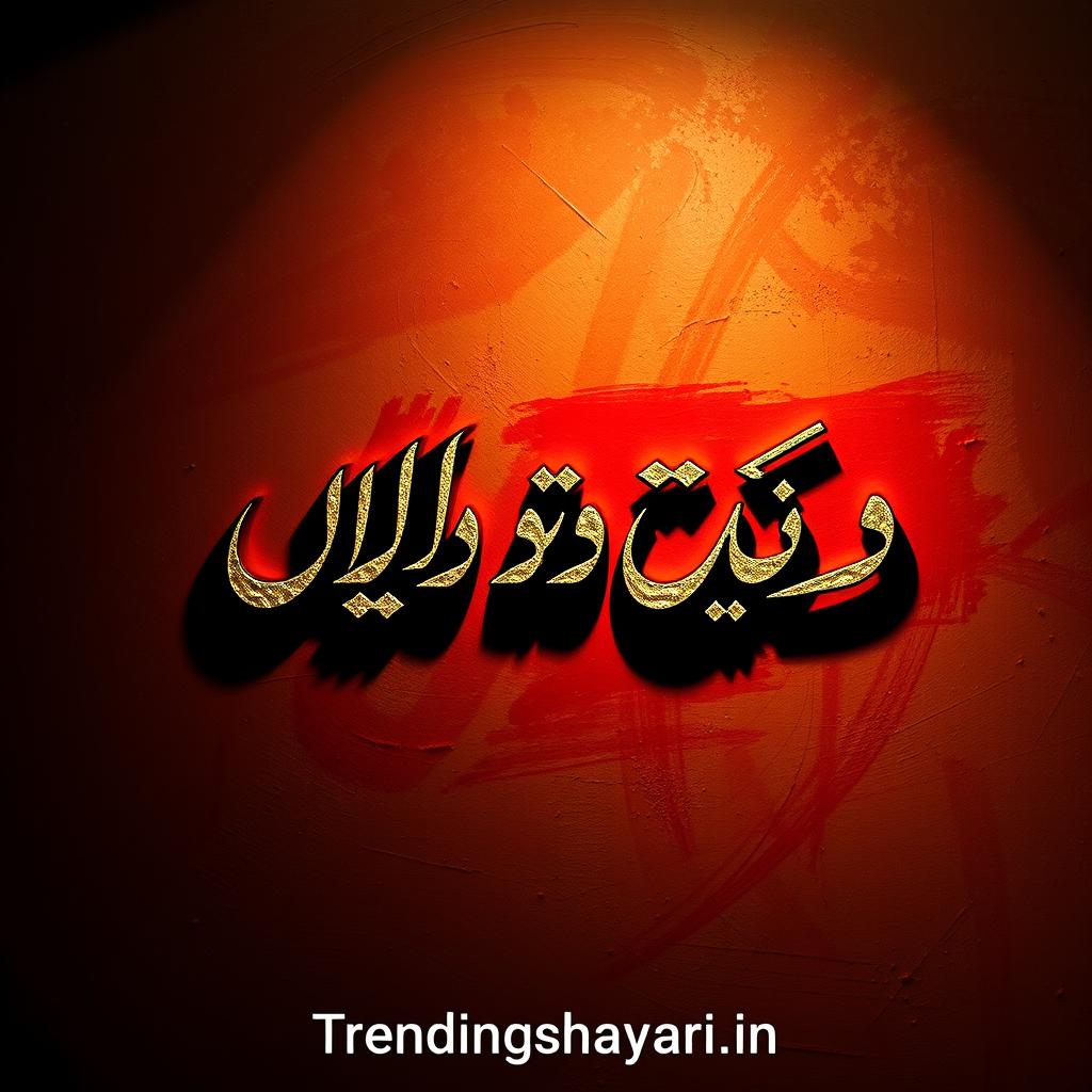 A stunning, dramatic image of intricate Urdu-style calligraphy against a richly textured, paint-brushed background. The elegant, flowing script forms the words "दमदार एटीट्यूड शायरी" in bold, confident strokes. The text is illuminated by dramatic, contrasty lighting, casting deep shadows that add depth and a sense of intensity. The composition is balanced and visually striking, with the calligraphy taking center stage. The overall mood is one of bold, unapologetic self-expression, capturing the essence of attitude-filled Shayari poetry. In the bottom corner, the website "Trendingshayari.in" is subtly incorporated as a signature.