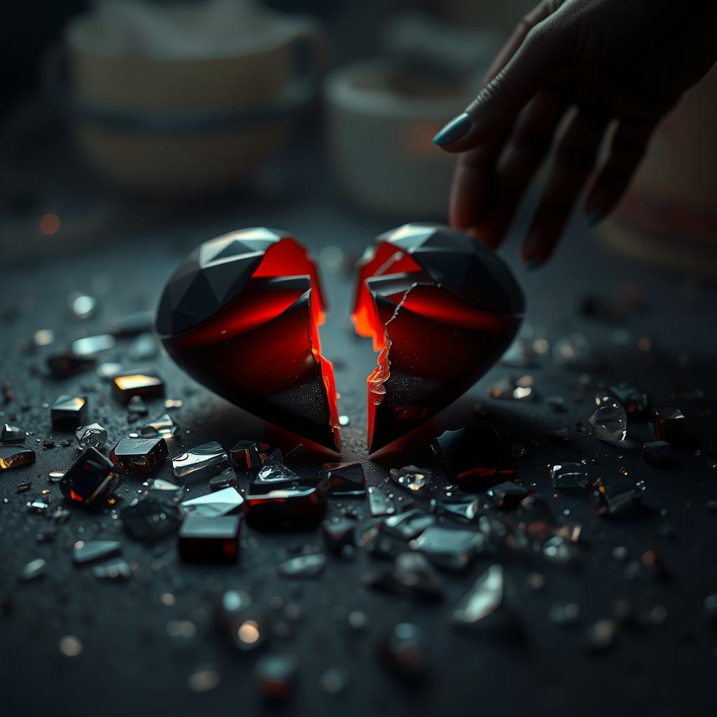 A melancholic scene of a fractured heart, its delicate pieces scattered across a dimly lit backdrop. Shards of glass reflecting the fading light, casting a sorrowful glow on the emotional turmoil. In the foreground, a single tear glistens, a silent testament to the heartbreak that has unfolded. The middle ground showcases a hand reaching out, grasping for the elusive fragments, a desperate attempt to mend the broken. The background is shrouded in a hazy, emotive atmosphere, evoking a sense of longing and melancholy. Trendingshayari.in