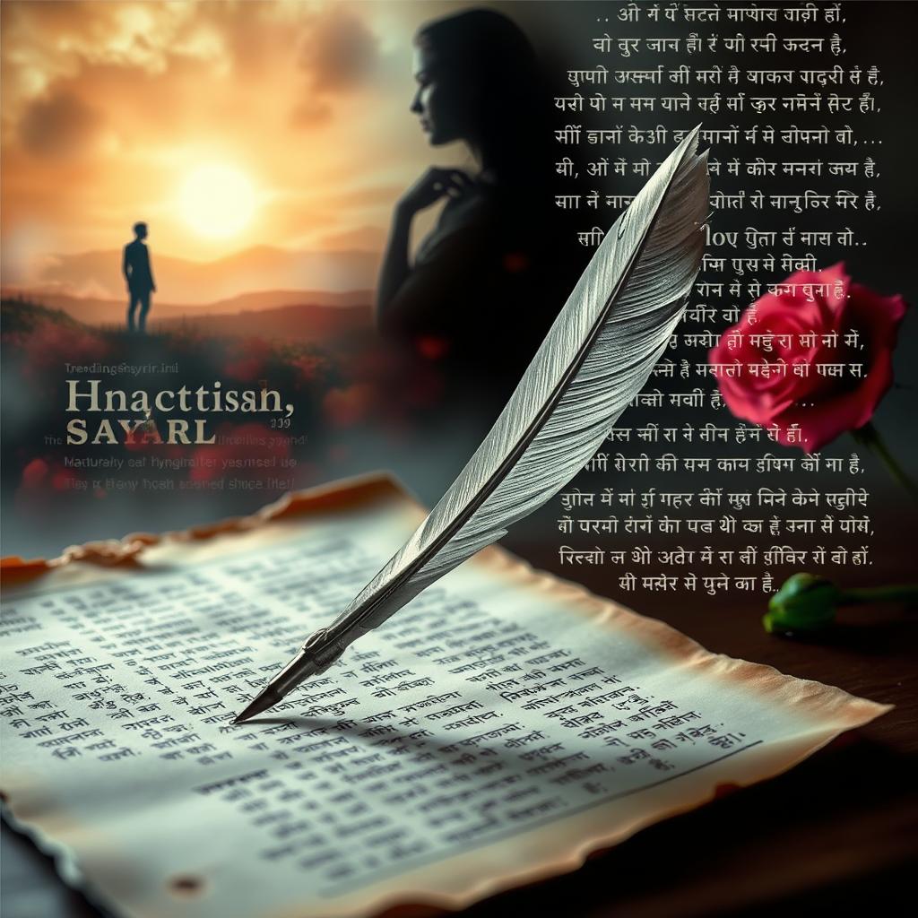 A mystical gathering of words, a tapestry of emotions, "शायरी की विविधता" unfolds. In the foreground, a serene quill dances across a weathered parchment, capturing the essence of love, loss, and the complexities of the human heart. The middle ground reveals a kaleidoscope of imagery, from the silhouette of a solitary figure gazing into the distance to the delicate bloom of a rose, each a metaphor for the diverse expressions of "शायरी." The background is a dreamlike realm, where cascading lines of text intermingle, like the melodic verses of a timeless poem. Soft, diffused lighting lends an air of reverence, evoking the profound impact of "शायरी" on the soul. Trendingshayari.in, a platform where the magic of "शायरी" is celebrated in all its magnificent forms.