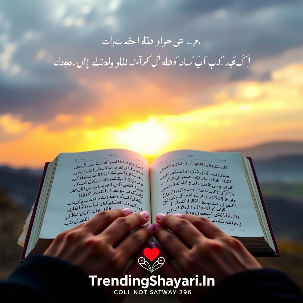 A romantic collection of heartfelt Shayari, "Romantic Shayari Sangrah" showcases the depth and beauty of Urdu poetry. The cover art depicts a serene landscape, with a soft, dreamy lighting casting a warm glow on a pair of hands holding an open book. In the foreground, elegant calligraphic Shayari spills across the pages, reflecting the tender emotions and profound insights of this timeless poetic tradition. The Trendingshayari.in logo subtly adorns the bottom corner, adding a touch of authenticity. This image perfectly captures the essence of the "रोमांटिक शायरी संग्रह: दिल की धड़कनें" section, inviting the reader to immerse themselves in the captivating world of romantic Shayari.