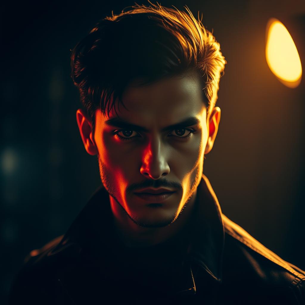A striking portrait of a confident, stylish individual with a captivating gaze. The subject stands in a dimly lit, artfully-composed setting, their face illuminated by warm, dramatic lighting that casts dramatic shadows, highlighting their strong features and determined expression. The background is blurred, creating a sense of focus on the subject's powerful presence. The overall mood is one of raw, uncompromising attitude, embodying the essence of "attitude shayari" - a defiant, self-assured way of living life on one's own terms. Trendingshayari.in