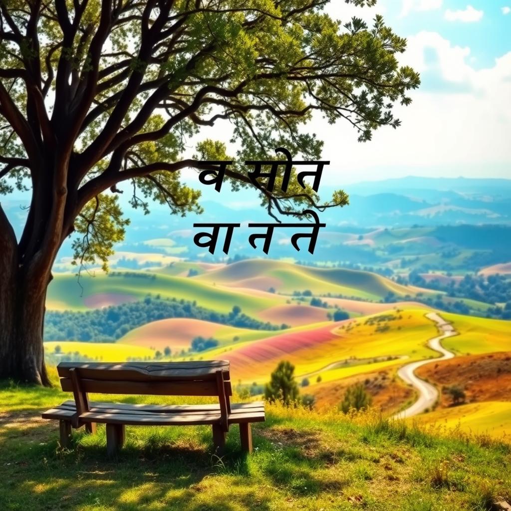 A breathtaking landscape of rolling hills, vibrant with the hues of a summer day. In the foreground, a weathered wooden bench sits beneath a towering oak tree, its branches casting a soft, dappled light. Floating above the scene, elegant calligraphic strokes artfully depict the words "प्रेरणादायक शायरी" - inspirational poetry that speaks to the heart. The overall mood is one of tranquility and contemplation, inviting the viewer to pause and reflect. In the distance, a winding path leads onward, hinting at the boundless possibilities that lie ahead. Trendingshayari.in