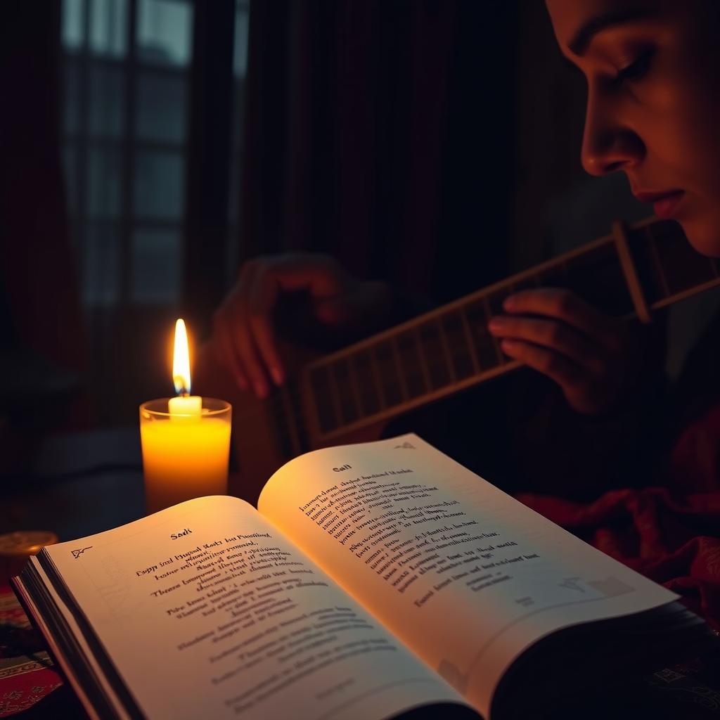 A dimly lit room, a single candle casting a warm glow, illuminating the pages of a weathered poetry book. The soft, melancholic melody of a sitar echoes in the background, as the reader's pensive gaze reflects the sorrowful words on the page. The atmosphere is one of introspection and emotional depth, capturing the essence of "Sad Shayari" - the poignant expression of heartache and melancholy. Trendingshayari.in