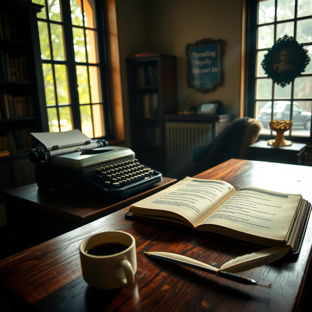 A serene, dimly lit study with a wooden desk and an old typewriter. Sunlight streams in through a large window, casting a warm glow on the scene. On the desk, a half-written page of poetry rests, inspiring the writer. In the foreground, a cup of coffee and a quill pen suggest the creative process. The background features bookshelves and a plaque that reads "Trendingshayari.in", hinting at the passion for writing poetry. The atmosphere is one of contemplation and artistic expression.