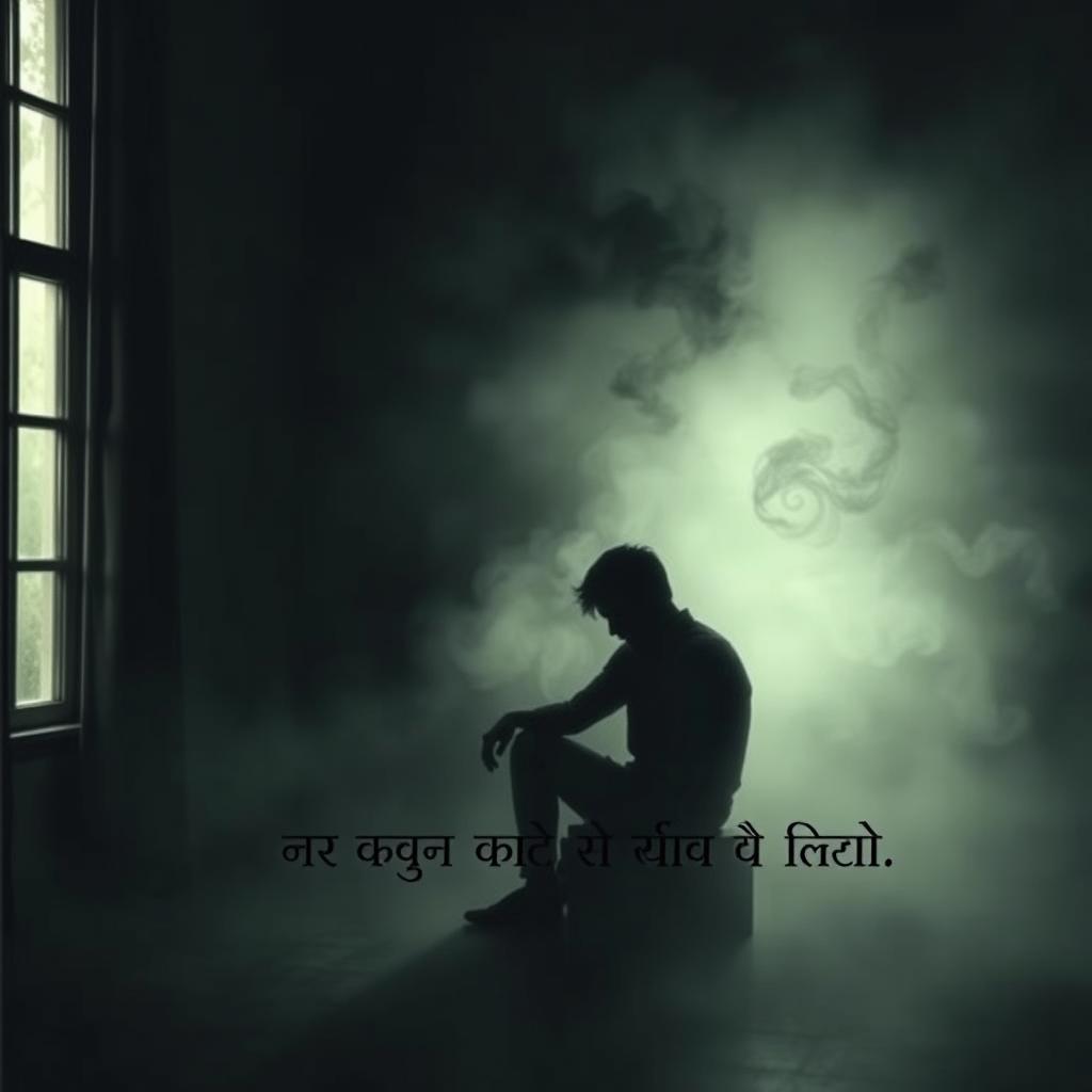 A solitary figure sits in a dimly lit room, surrounded by the tangible weight of loneliness. Soft, diffused light filters through a window, casting a melancholic glow on the scene. The figure's silhouette is shrouded in a haze of melancholy, their posture conveying a deep sense of introspection. In the background, a swirling mist of emotions, like wisps of smoke, creates an atmosphere of pensive contemplation. The overall mood is one of profound solitude, a visual representation of the haunting "तन्हाई और उदासी की शायरी" that speaks to the soul. Trendingshayari.in