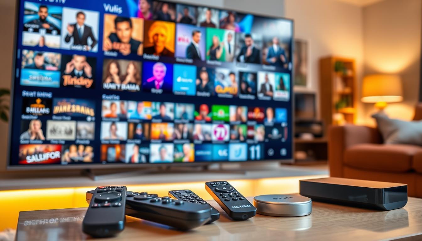 A premium IPTV service in Spain, showcasing a vibrant and diverse collection of high-quality content. In the foreground, a sleek and modern smart TV displays a captivating on-screen interface, inviting viewers to explore a vast array of channels and entertainment options. In the middle ground, an array of remote controls and streaming devices emphasize the flexibility and convenience of the IPTV platform. The background depicts a cozy living room setting, filled with warm lighting and comfortable furnishings, creating an atmosphere of relaxation and immersion. The overall scene conveys a sense of technological sophistication, content abundance, and a premium viewing experience tailored for the Spanish audience.
