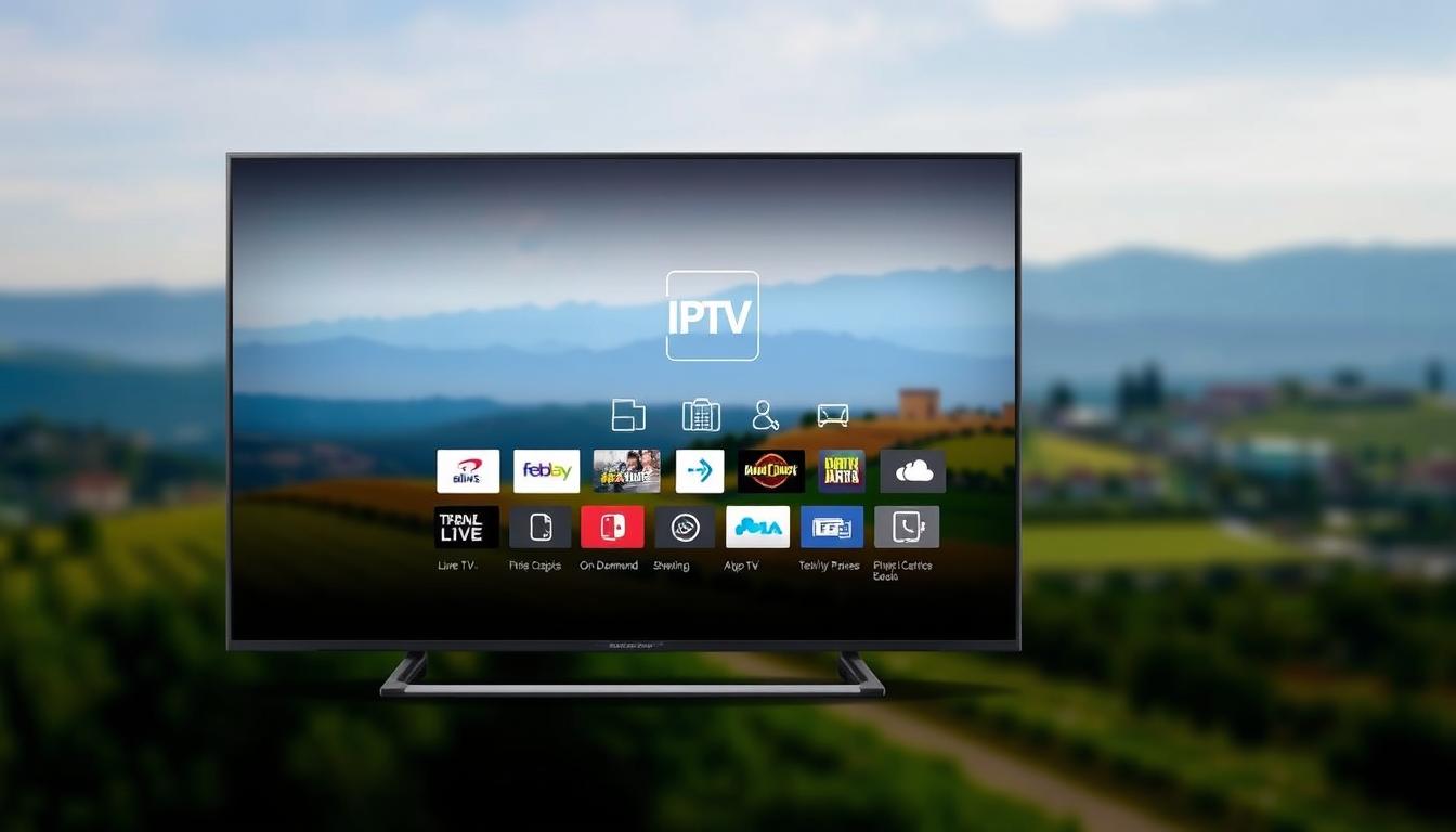A sleek and modern image of the IPTV España service, showcasing its key features and benefits. A minimalist design with a clean, eye-catching layout. In the foreground, a high-resolution display showcases the IPTV platform's user interface, highlighting its intuitive navigation and extensive content library. The middle ground features a collection of icons or symbols representing the service's capabilities, such as live TV, on-demand streaming, and multi-device compatibility. The background is a subtle, blurred landscape of the Spanish countryside, evoking a sense of the service's local roots and cultural relevance. The overall tone is sophisticated, professional, and visually appealing, reflecting the high-quality IPTV experience offered to Spanish consumers.