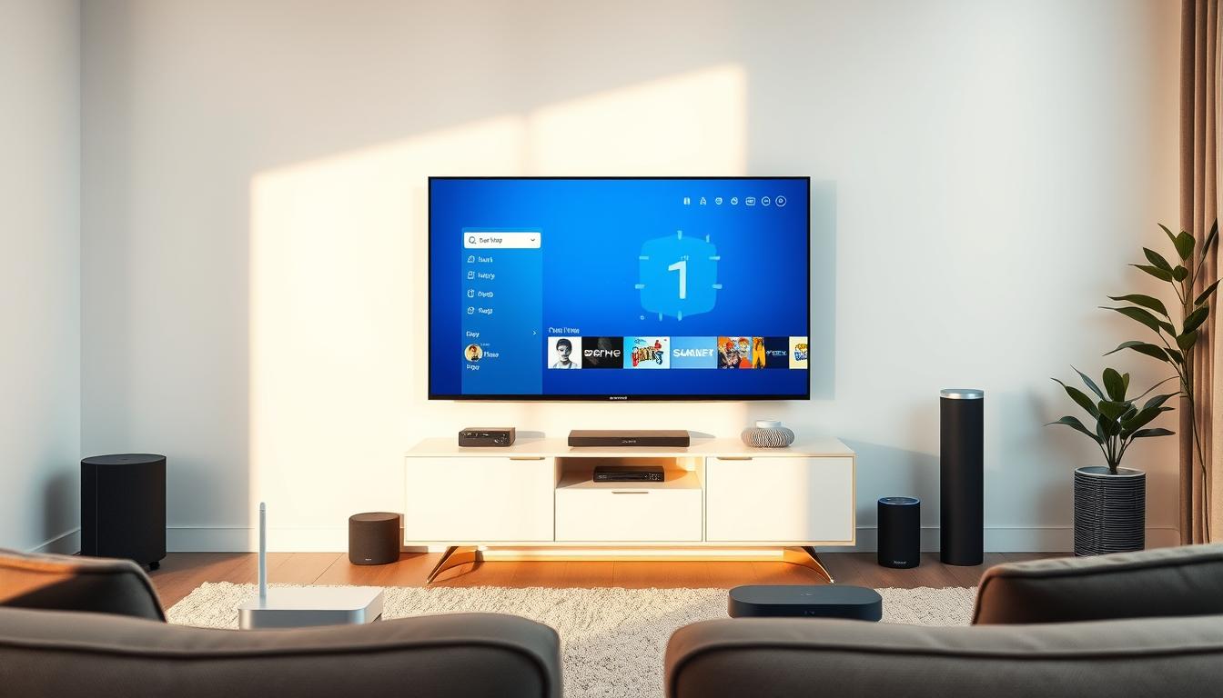 A stylish, contemporary interior with a modern entertainment setup showcasing an IPTV interface. The focal point is a sleek smart TV displaying a clean, intuitive IPTV menu on the screen. Surrounding the TV are various smart home devices like a wireless router, streaming box, and voice assistant. The lighting is soft and natural, creating a cozy, inviting atmosphere. The overall aesthetic blends seamlessly with the room's minimalist design, highlighting the ease and convenience of the IPTV configuration. The scene conveys a sense of technological sophistication and effortless access to premium content.