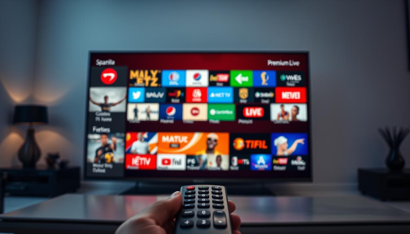 A sleek and modern IPTV service interface, showcasing a diverse array of premium live TV channels available to Spanish viewers. The screen displays a clean, user-friendly layout with vibrant colors, high-quality graphics, and intuitive menu navigation. In the foreground, a remote control or smart device is prominently featured, emphasizing the convenience of accessing this premium IPTV service from the comfort of one's own room. The background depicts a minimalist, well-lit interior, creating a sophisticated and immersive atmosphere that complements the premium nature of the IPTV offering. The overall scene conveys a sense of high-end entertainment and seamless integration into the modern home environment.