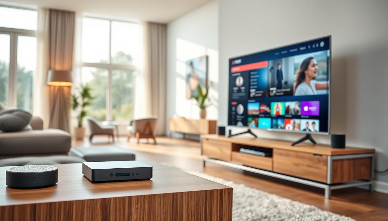 A modern, high-tech home entertainment system with a sleek, minimalist IPTV setup. In the foreground, a smart TV with a clean, intuitive user interface displays a selection of streaming content. Beside it, a compact media player or streaming box sits discreetly on a modern, wood-and-steel entertainment console. The middle ground features various smart home devices, such as a voice-controlled assistant and wireless speakers, seamlessly integrated into the setup. The background showcases a stylish, well-lit living room with large windows, allowing natural light to flood the space and creating a warm, inviting atmosphere. The overall scene conveys a sense of advanced technology blending seamlessly with a contemporary, comfortable home environment.