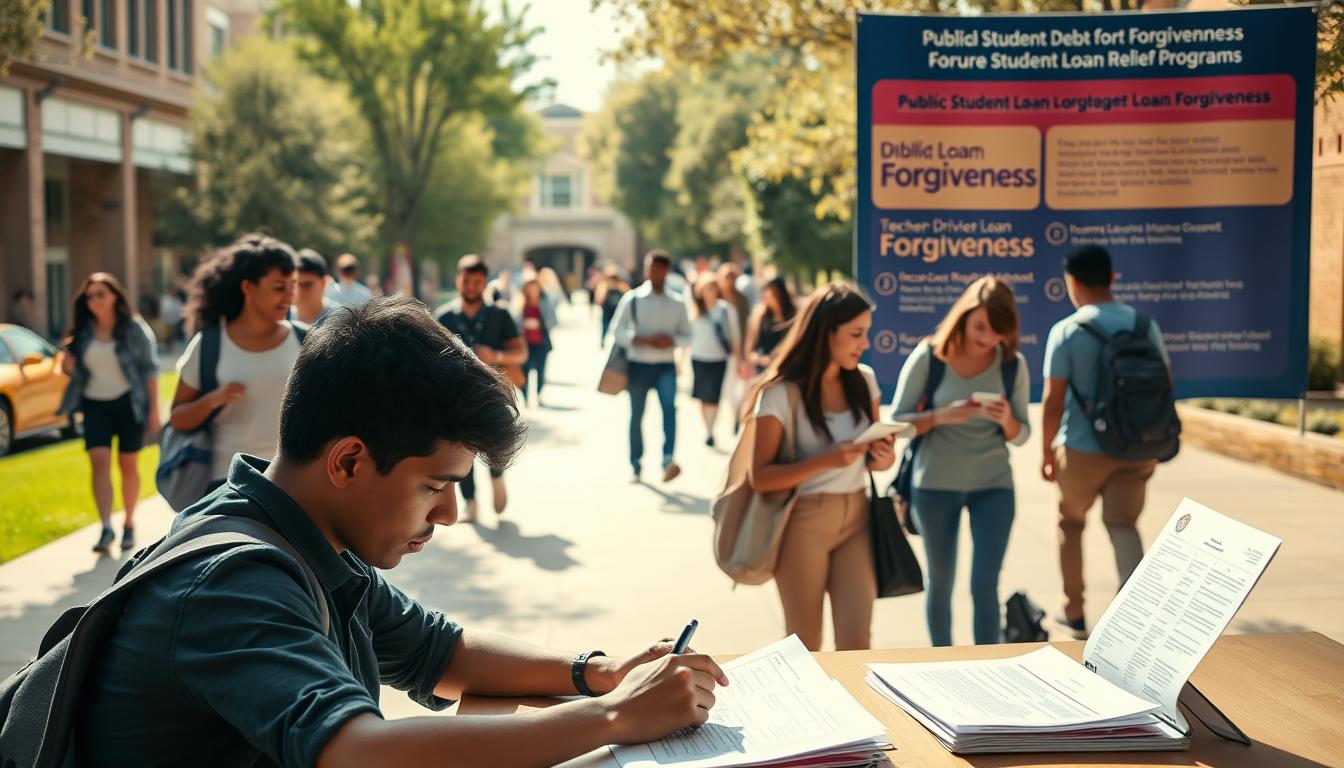 A bustling college campus, with students walking between classes and academic buildings. In the foreground, a student sits at a desk, poring over financial aid documents and forms for federal student loan forgiveness programs. The middle ground shows a mix of students, some discussing their options, others typing on laptops. In the background, a large banner displays information about various loan forgiveness initiatives, such as Public Service Loan Forgiveness, Teacher Loan Forgiveness, and Income-Driven Repayment plans. The scene is lit by warm, natural daylight, with a sense of focus and determination among the students. The overall mood is one of hope and opportunity, as the students navigate the complexities of student debt relief.