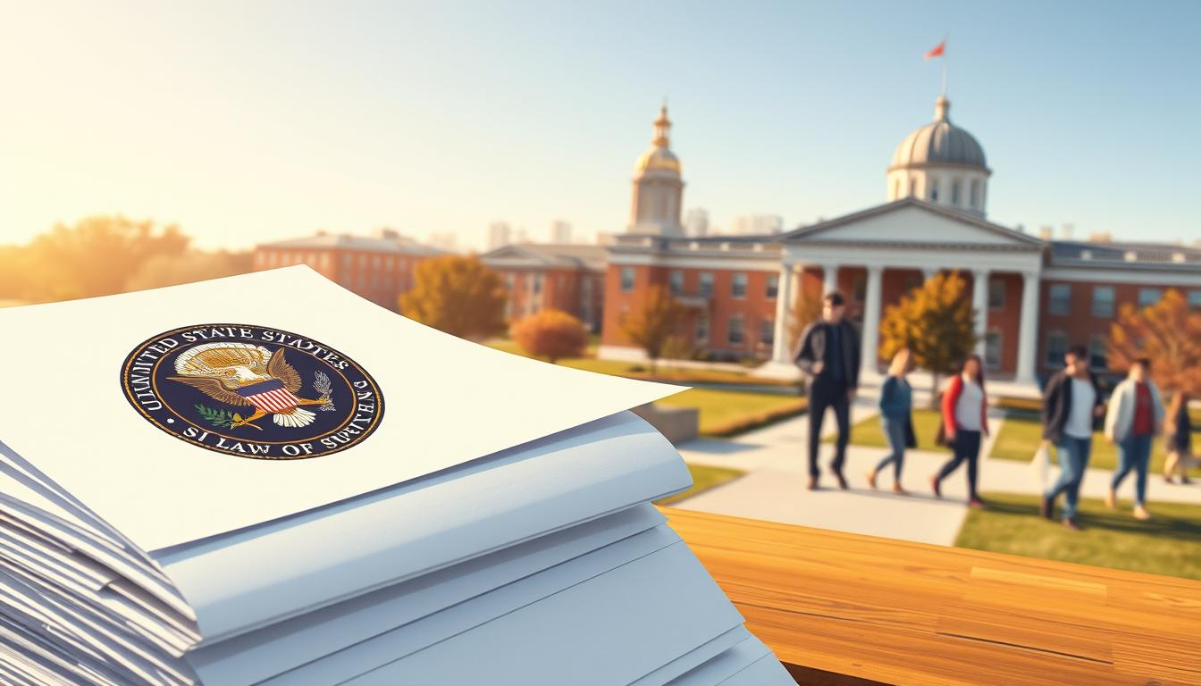 A well-lit, detailed illustration of federal student loans. In the foreground, a stack of official-looking documents with the seal of the United States government, conveying the authoritative nature of federal student aid. In the middle ground, a college campus with students walking and studying, suggesting the connection between federal loans and higher education. In the background, a warm, golden-hued cityscape, hinting at the broader financial and social implications of federal student loan programs. Rendered with a clean, technical style using a wide-angle lens to capture the breadth of the scene.