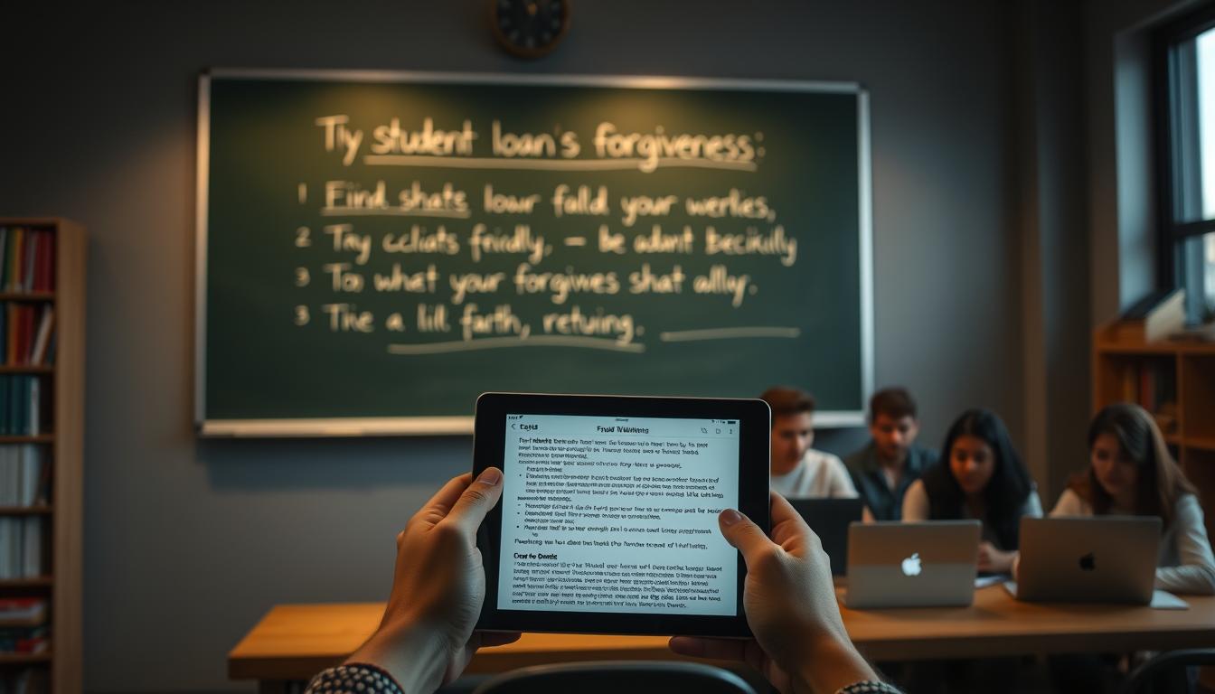 A dimly lit classroom, the chalkboard at the center, displaying key details about student loan forgiveness eligibility. In the foreground, a student's hands hold a tablet, scrolling through a webpage with information on qualifications and requirements. The middle ground showcases a group of diverse students, attentively discussing the topic, their faces illuminated by the soft glow of their laptops. In the background, shelves of textbooks and a large window provide a sense of academic setting. The lighting is subtle, casting a warm, contemplative atmosphere, inviting the viewer to understand the complexities of student loan forgiveness.