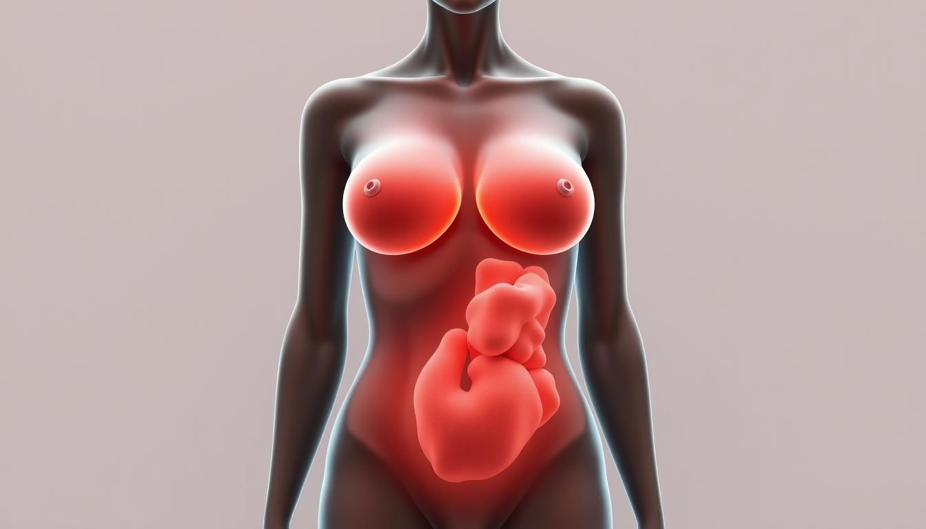 A detailed anatomical illustration of the relationship between breast volume and body fat. A female figure in a neutral, standing pose, with a semi-transparent overlay highlighting the mammary glands and adipose tissue distribution. The figure is illuminated by soft, diffused lighting, creating subtle shadows and highlights to emphasize the 3D form. The background is a neutral, muted tone, allowing the subject to be the focus. The overall mood is informative and scientific, conveying the importance of understanding this physiological connection.