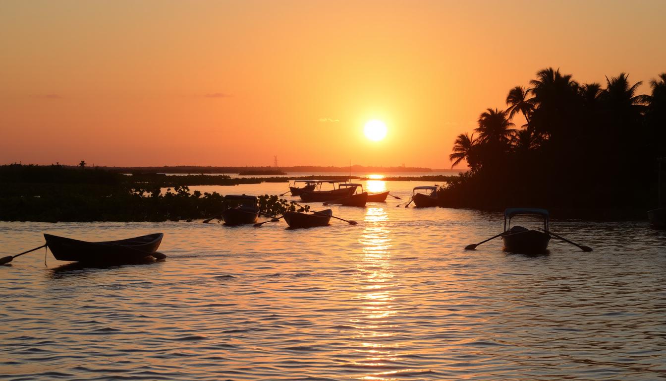 Pôr do sol no Pontal de Maracaípe com jangadas ancoradas e manguezal ao fundo