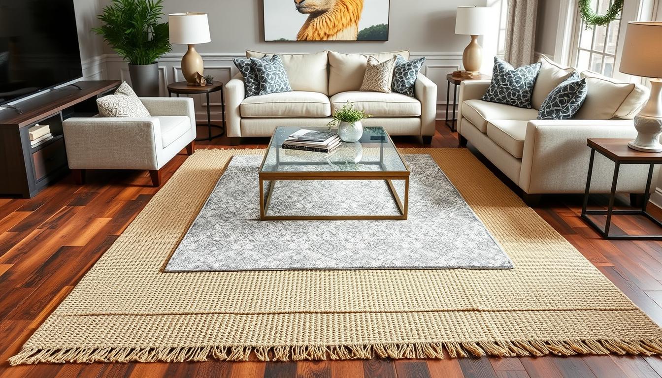 Living room showing layered rug technique with a 9x12 jute rug as base and smaller patterned rug on top
