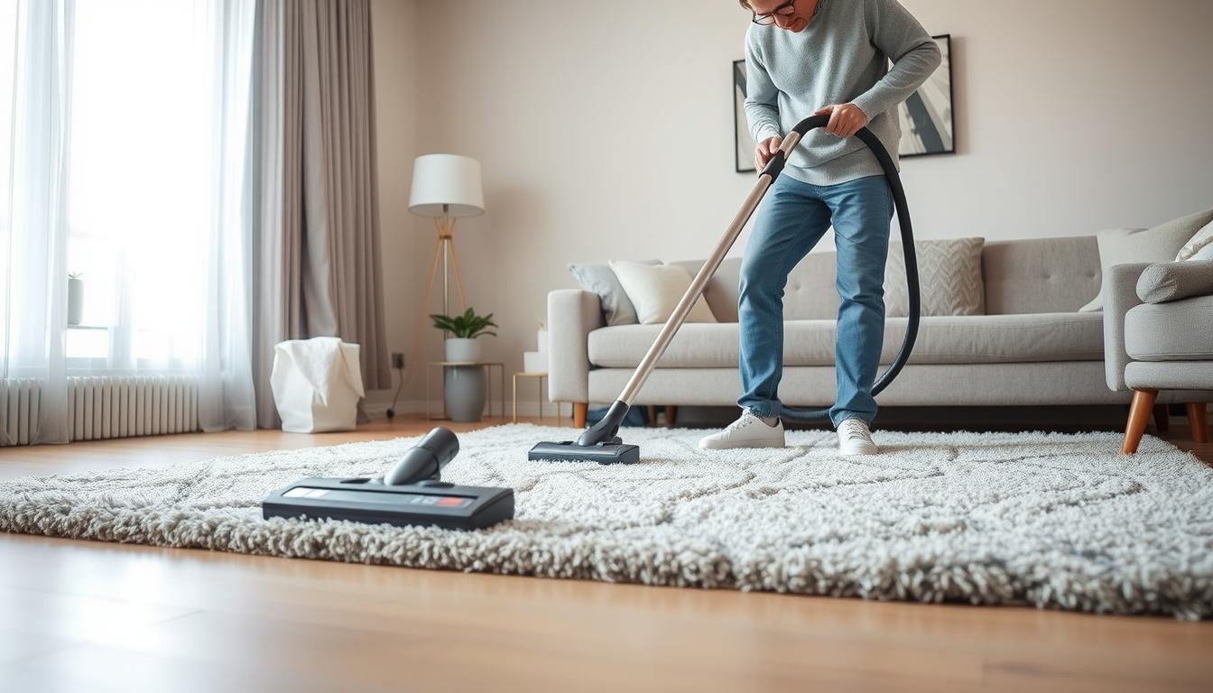Person cleaning and maintaining a 9x12 area rug