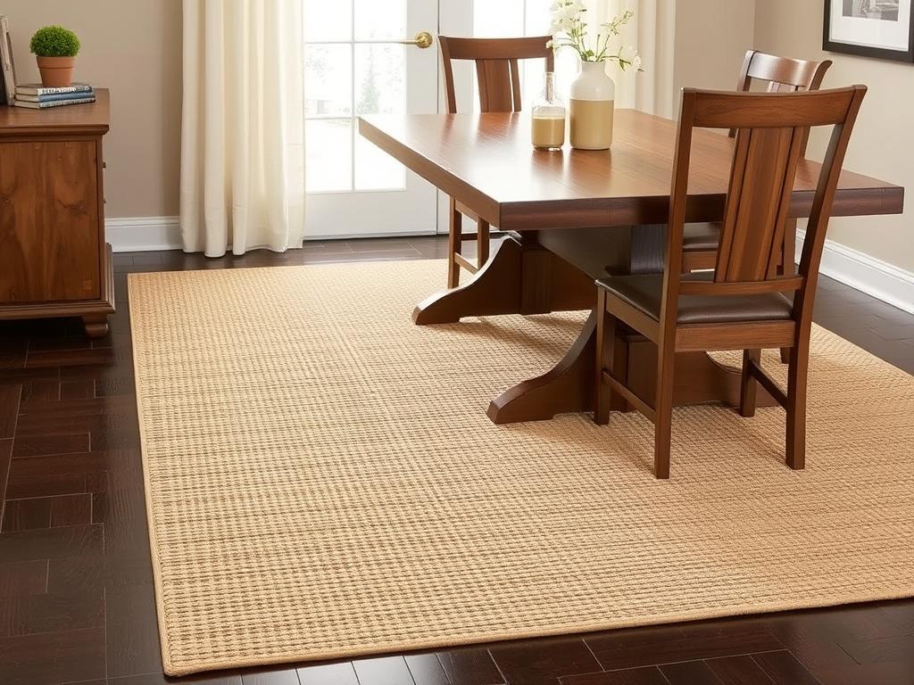 Natural fiber Lowes area rug 9x12 in a dining room setting