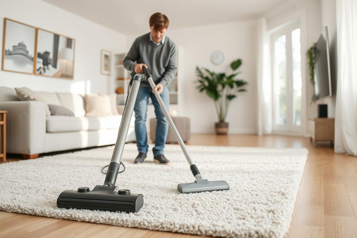Maintenance of beige area rug 9x12 showing vacuum cleaning process