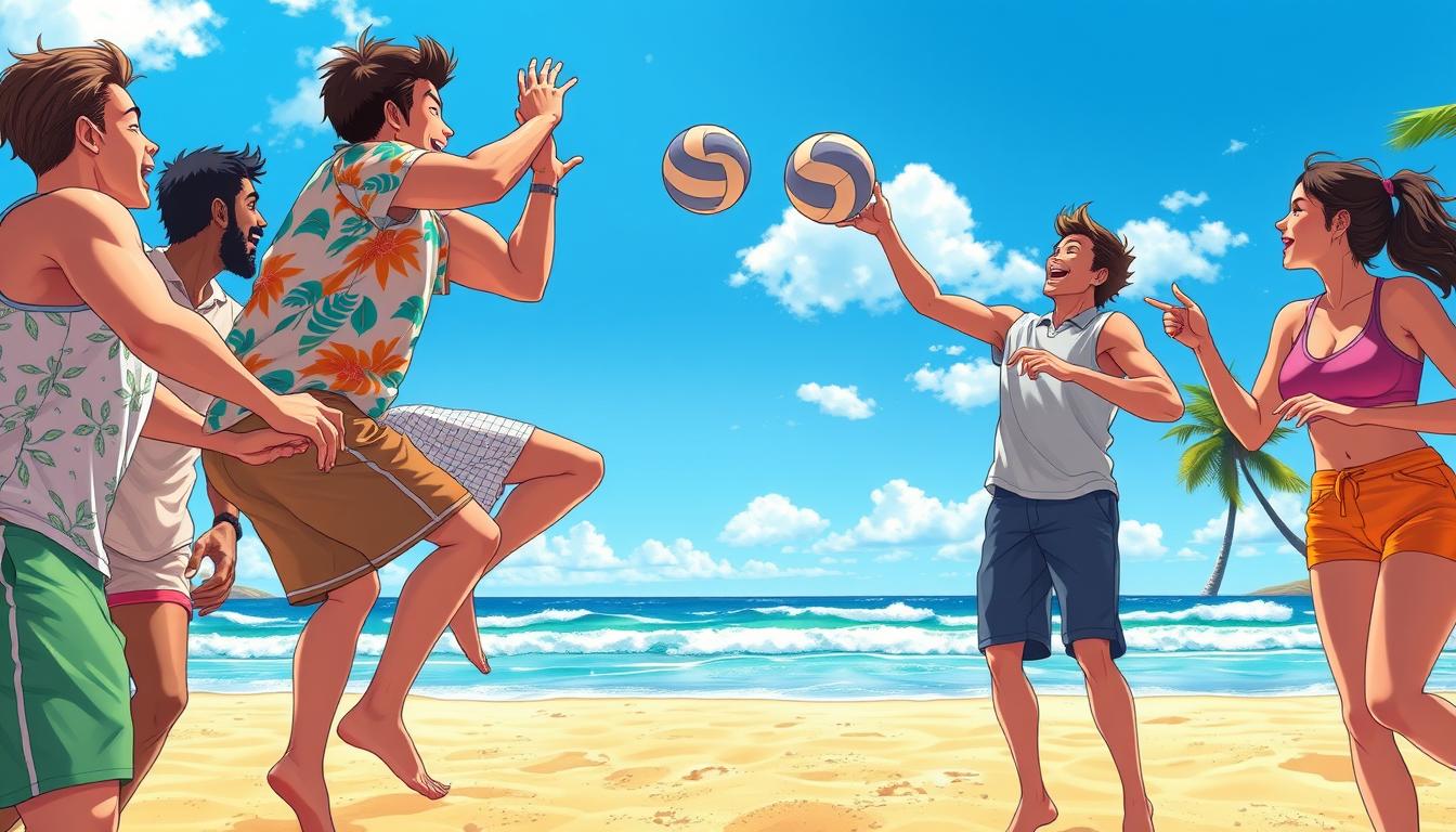 A lively beach scene depicting friends playing volleyball together, capturing the joy of multiplayer gaming. In the foreground, a diverse group of three people - two men and one woman - are engaging in the game, with expressions of excitement and laughter as they jump to hit the ball. The first man is wearing a colorful T-shirt and shorts, the second man is in a casual polo and shorts, while the woman is dressed in a sporty tank top and capris. In the middle ground, a sunny beach with golden sand and a bright blue sky enhances the atmosphere of fun and camaraderie. The background features gentle waves lapping at the shore and a few palm trees swaying in the breeze. The lighting is vibrant and warm, evoking a cheerful outdoor summertime scene, shot from a slightly elevated angle to capture the action.