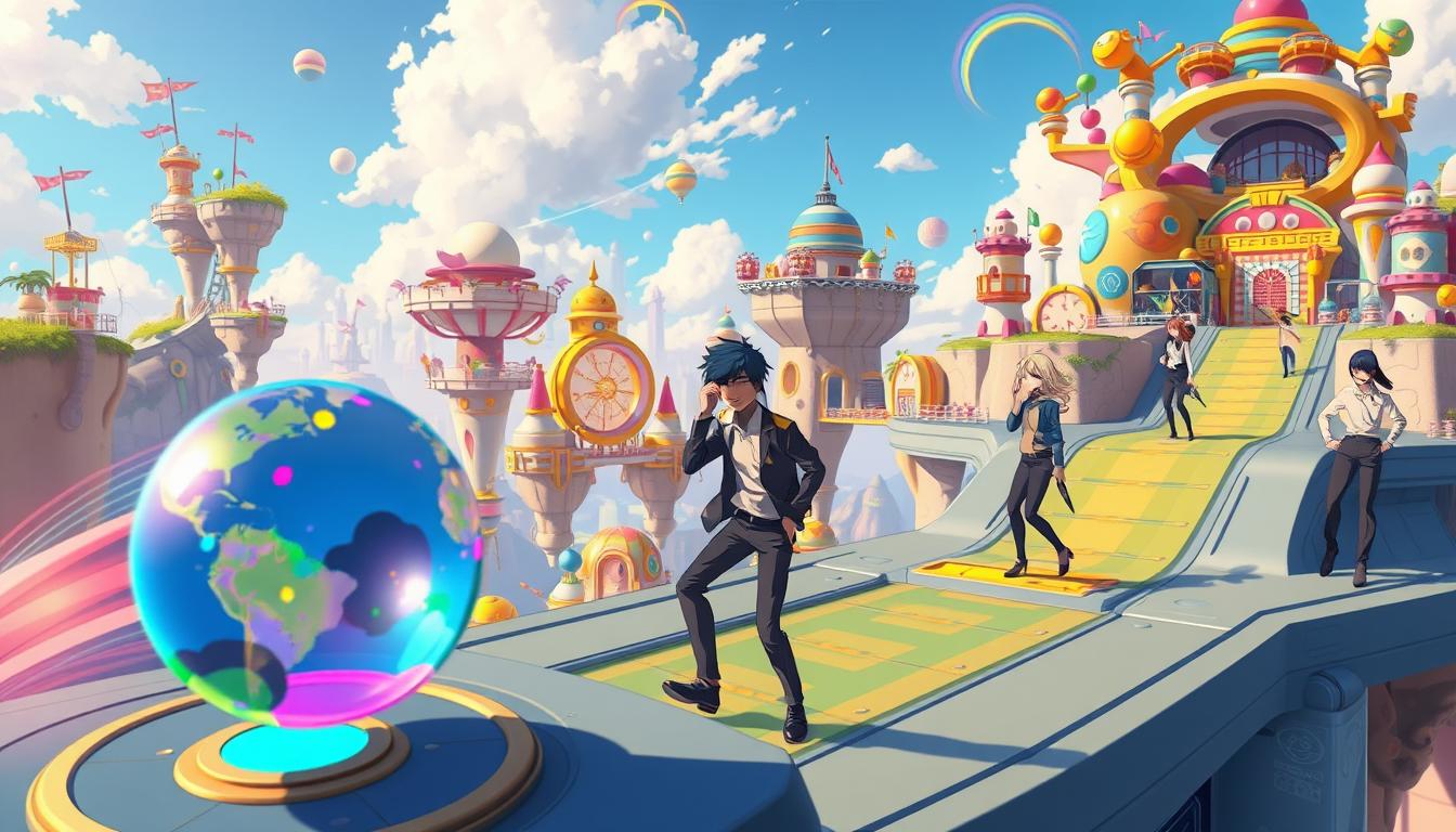 A visually captivating scene depicting various gameplay levels of a gravity ball challenge. In the foreground, a colorful, stylized gravity ball bounces energetically on a futuristic platform, showcasing a dynamic sense of motion. In the middle ground, multiple diverse characters in professional casual attire engage in the gameplay, exhibiting excitement and concentration. They interact with vibrant, complex obstacles and challenges that reflect different levels of difficulty, such as ramps, loops, and barriers. The background features a whimsical and imaginative landscape, filled with floating islands and playful structures under a clear blue sky with soft, warm lighting. The image evokes a feeling of fun and challenge, with a bright and inviting atmosphere, captured from a slightly elevated angle to showcase the depth of the levels.